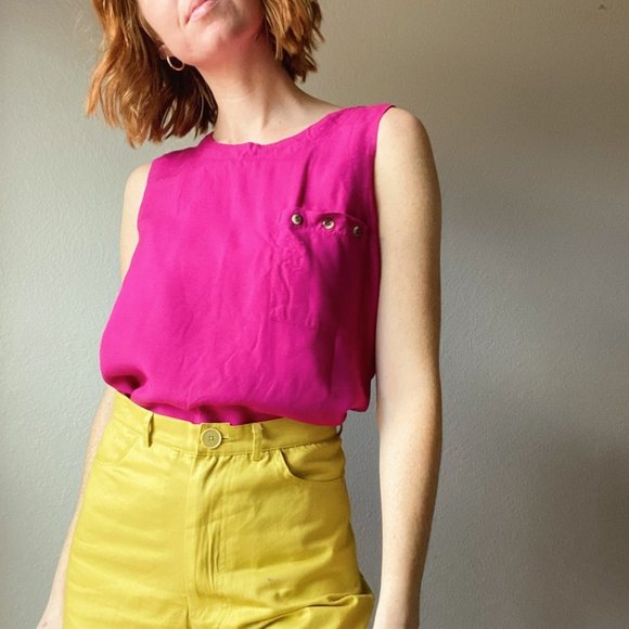 Vintage Tops - Vintage Bravo Hot Pink Fuchsia Sleeveless Single Pocket Minimal Tank Top
